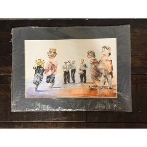 Lopez Baylon Watercolor Art Print Mexican Parade Festival Masked Figures Matted